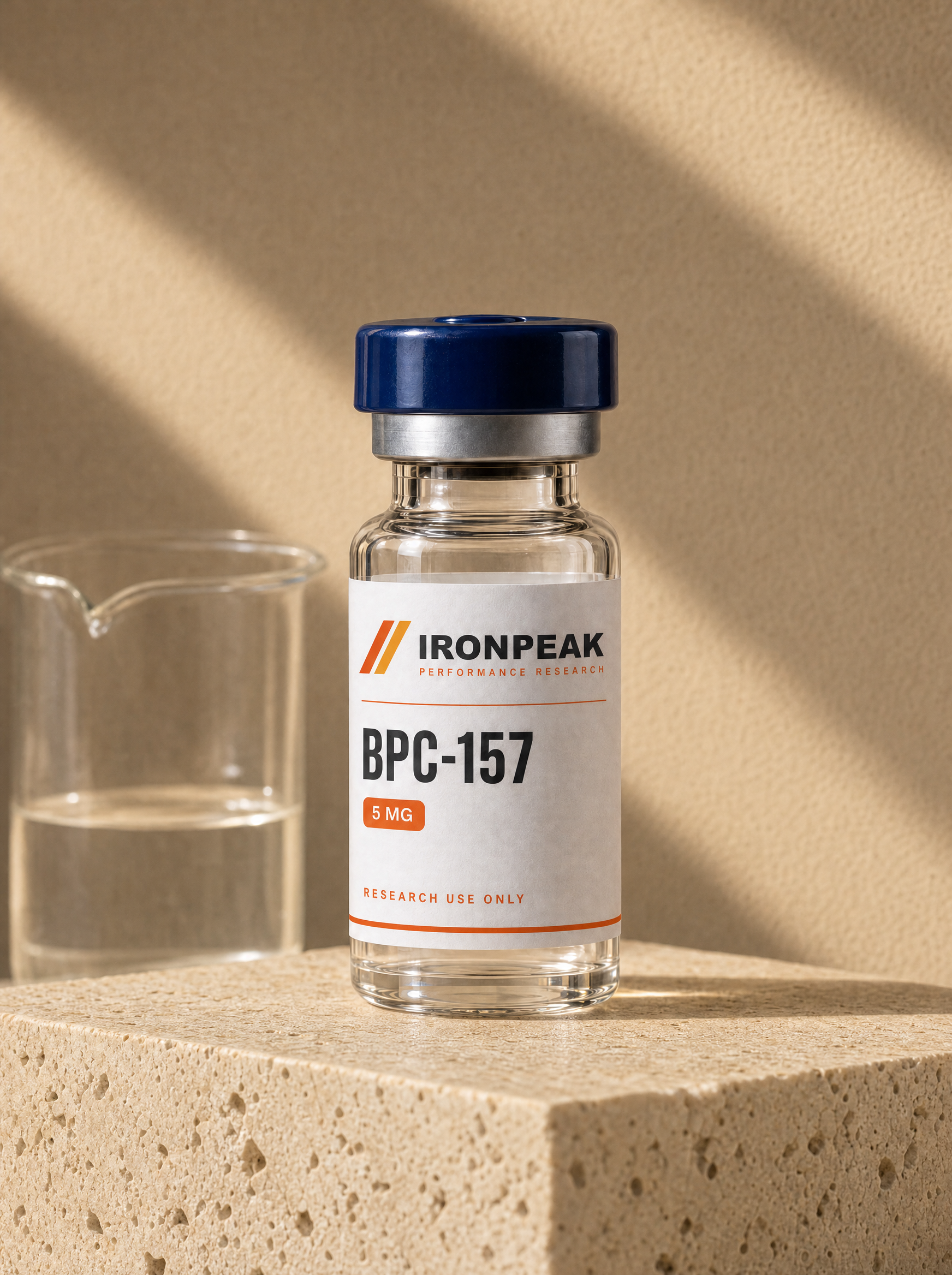 Vials of research compounds arranged on a warm stone surface